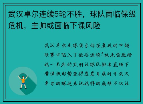 武汉卓尔连续5轮不胜,球队面临保级危机,主帅或面临下课风险